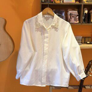 Elegant White Blouse Embroidered Collar Detail Top